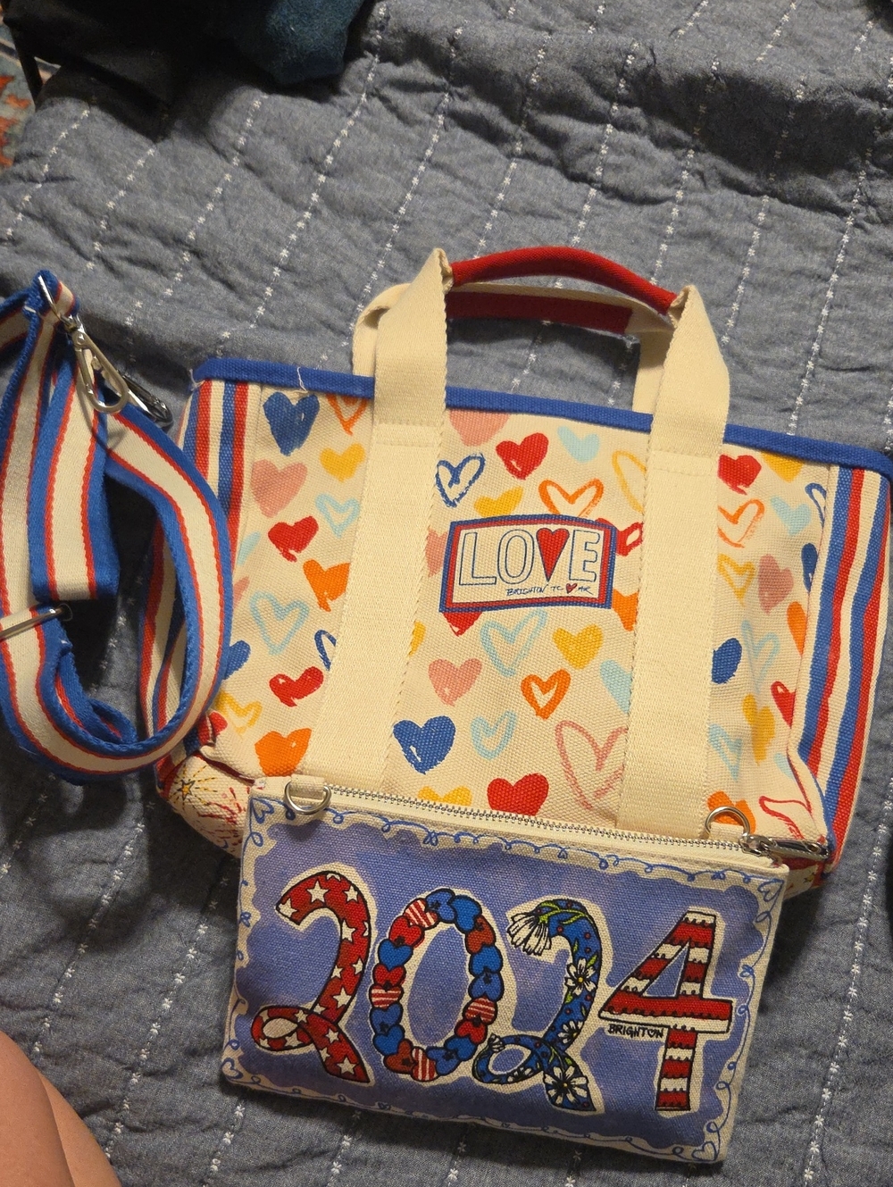Brighton Canvas Heart Print Tote Bag with Removable Pouch - Cream/Multi